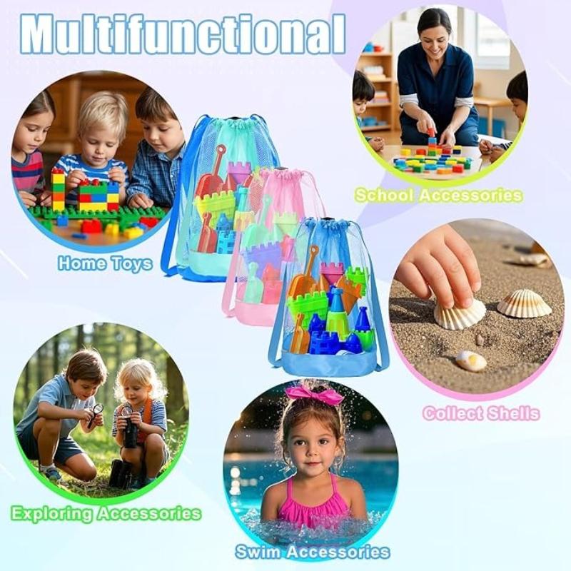 Mesh Drawstring Beach Toy Bag Sand Resistant Kids Backpack Portable Shell Collecting Pouch for Sandbox Seashell & Beach Travel