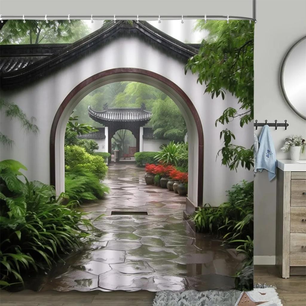 Chinese Style Shower Curtain Vintage Wood Board Garden Building Green Plant Bamboo Pattern Bathroom Decor Curtain Set