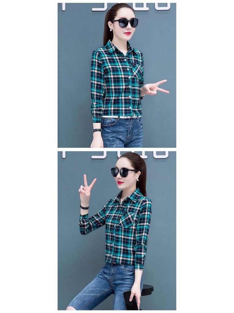 2025 Women's Korean Style Plaid Slimming Shirt - Casual Long Sleeve Print for Spring & Autumn Students