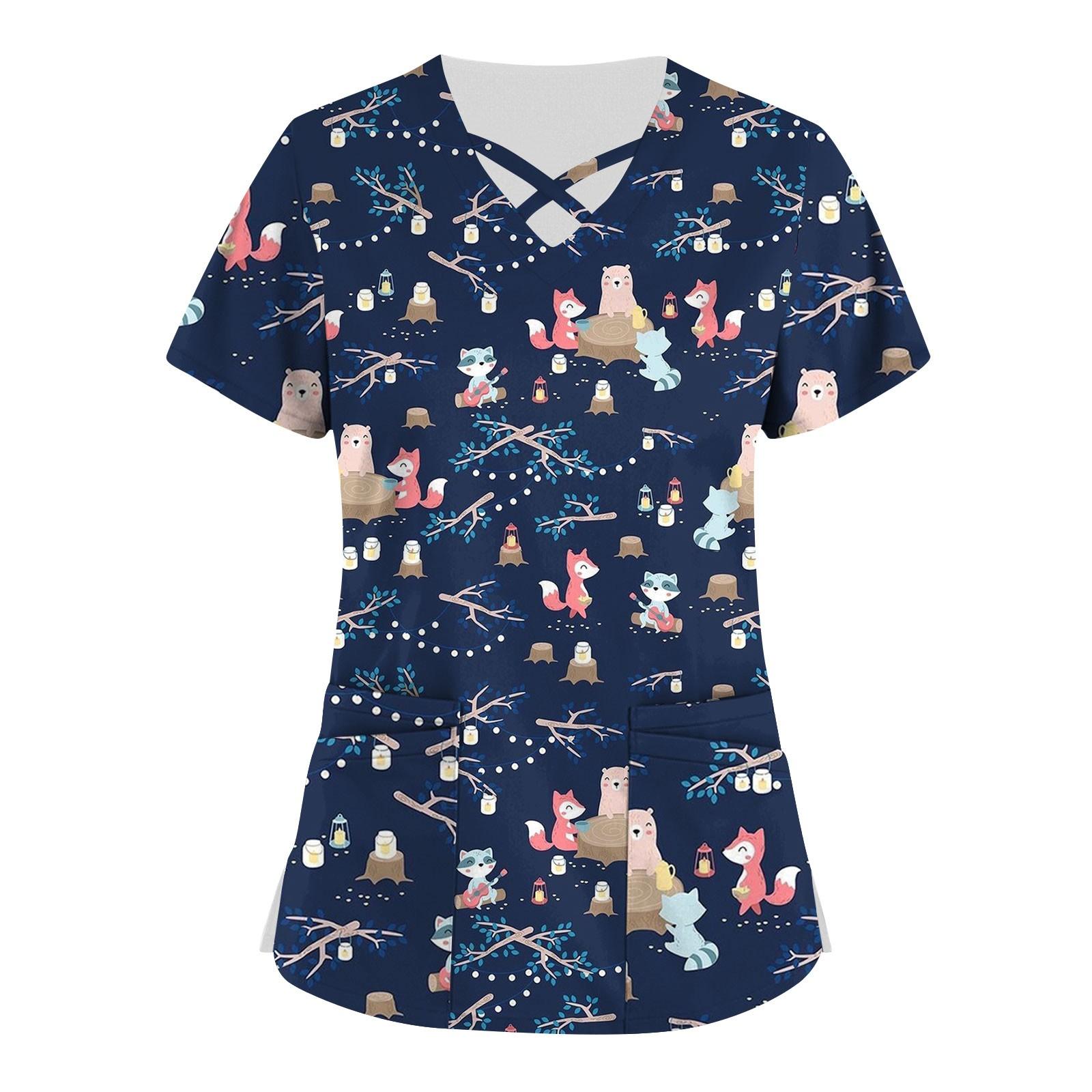 

Плюс размер, милая рабочая форма с принтом, топы для женщин, забавные футболки с перекрестным v-образным вырезом и короткими рукавами, рабочая одежда, футболка с карманами L тёмно-синий