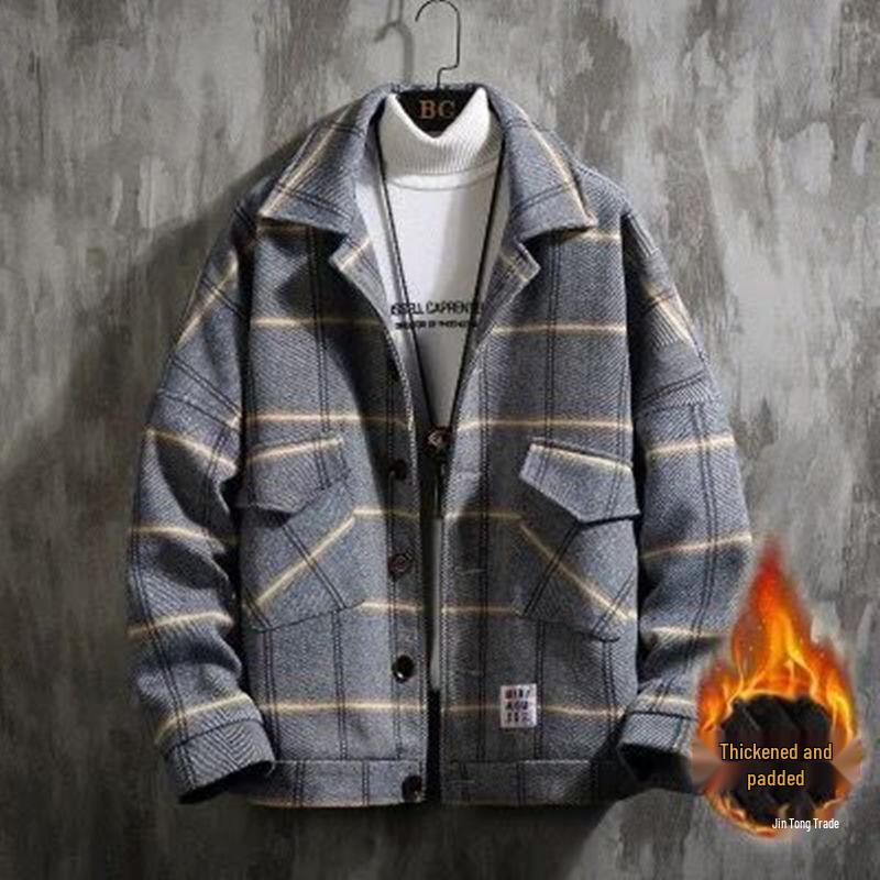 Men's Korean Plaid Woolen Coat - Autumn/Winter Casual British Lapel Windbreaker