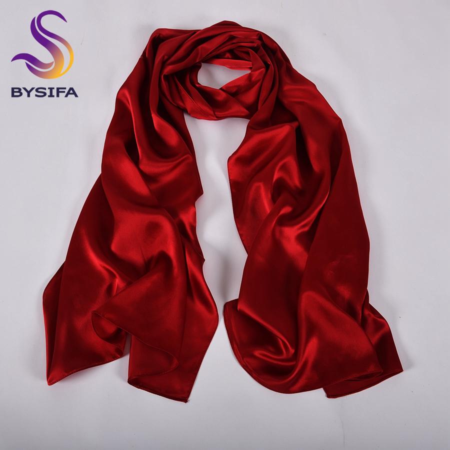 [BYSIFA]  Pure Silk Wine Red Silk Scarf Shawl Women Fashion Luxury Crepe Satin Silk Long Scarves Ladies Brand Head Scarf Cape