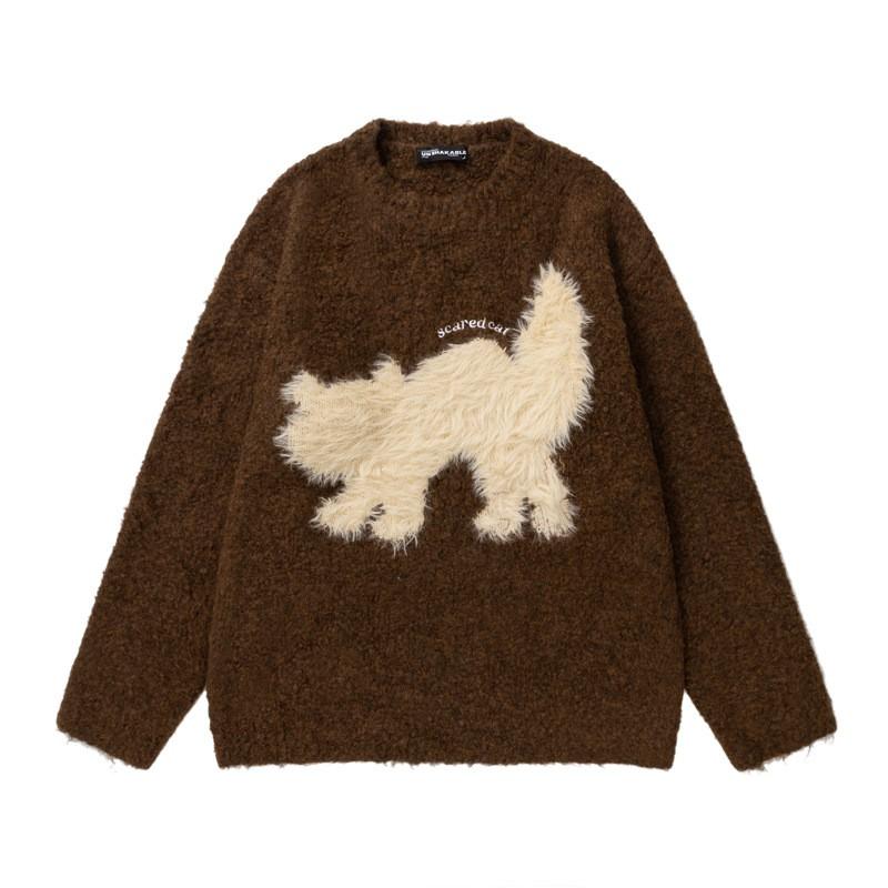 Unisex Oversized Knit Sweater With Cat Jacquard Round Neck Loose Fit Winter Casual Wear
