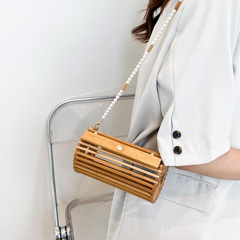 Woven Bamboo Cylinder Bag With Pearl Chain For Daily Casual Women