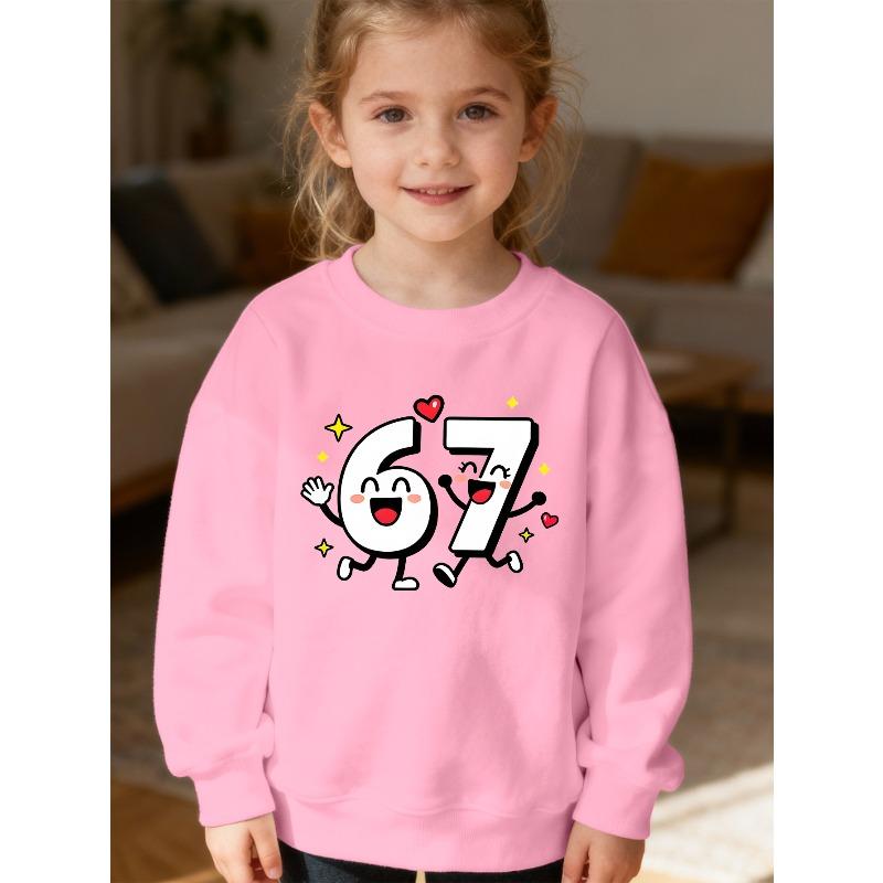 Kids Unisex Crewneck Sweatshirt, Cute Cartoon Smiley Number 67 With Heart Star Print Long Sleeve, Kids Sweatshirt For Boys Girls Over 4 Years Old