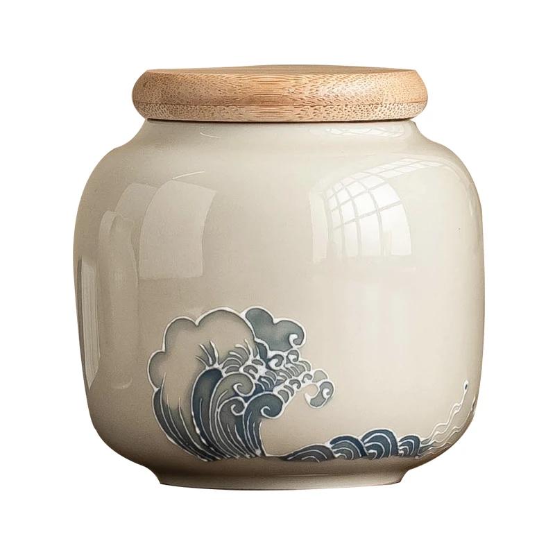 

Creative Relief Wave Ceramic Tea Jar Moisture-proof Food Storage Container Tabletop Decoration Jar Wooden Lid Sealed Box Decor