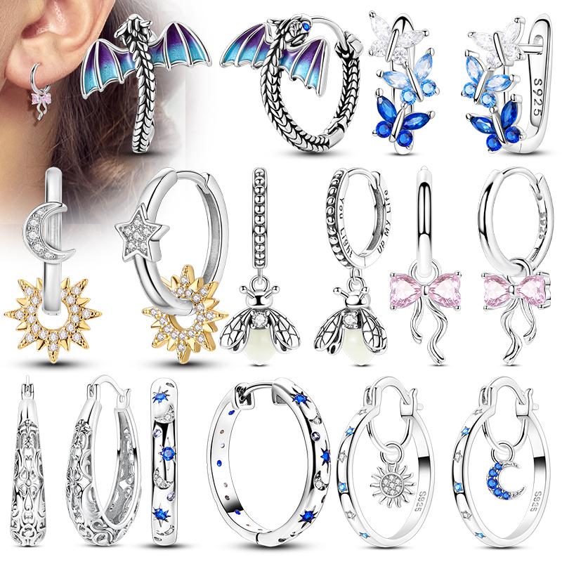 925 Sterling Silver Hoop Earring for Women Starlight Sun Moon Bow Heart Simple Round Circle Earrings Party Fashion Jewelry Gifts
