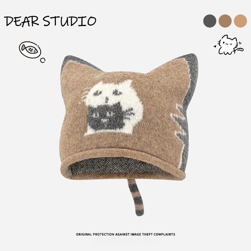 Korean retro jacquard gray cat knitted hat women's autumn and winter 2025 new face small wool hat bag head hat