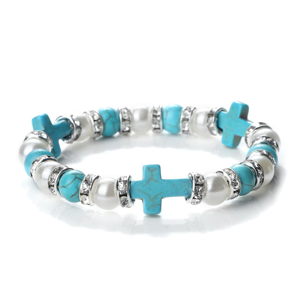 

8mm Natural Pine Stone Bracelet Crystal Rhinestone Pearl Beads Bangle Adjustable Charm Jewelry with Cross Pendant Gift for Women светло-синий