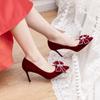 Mode Zarte Damen Burgunderrote Schuhe für Hochzeit Braut Wildlederimitat Pumps Frau Stiletto Hohe Absätze Kristall Schleife Tacones Mujer