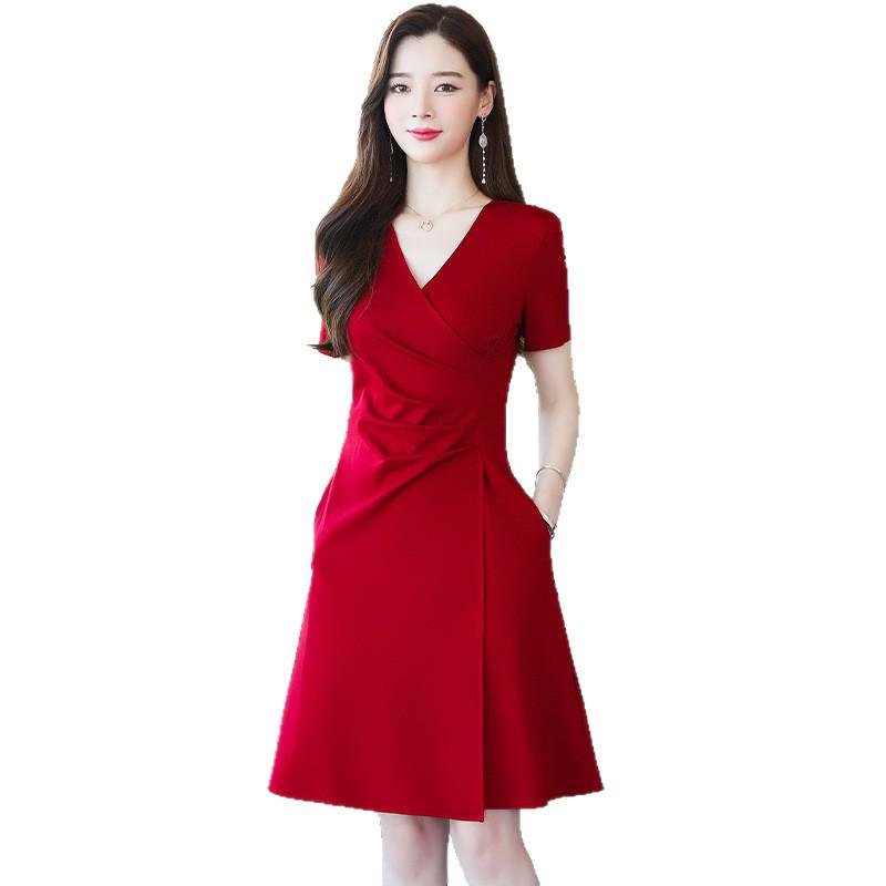 Elegant Hepburn-Style V-Neck A-Line Dress with Waist-Cinch & Short Sleeves