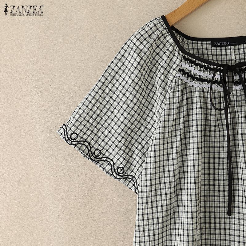 ZANZEA Women Plaid Print Summer Casual Round Neck Short Sleeve Blouse