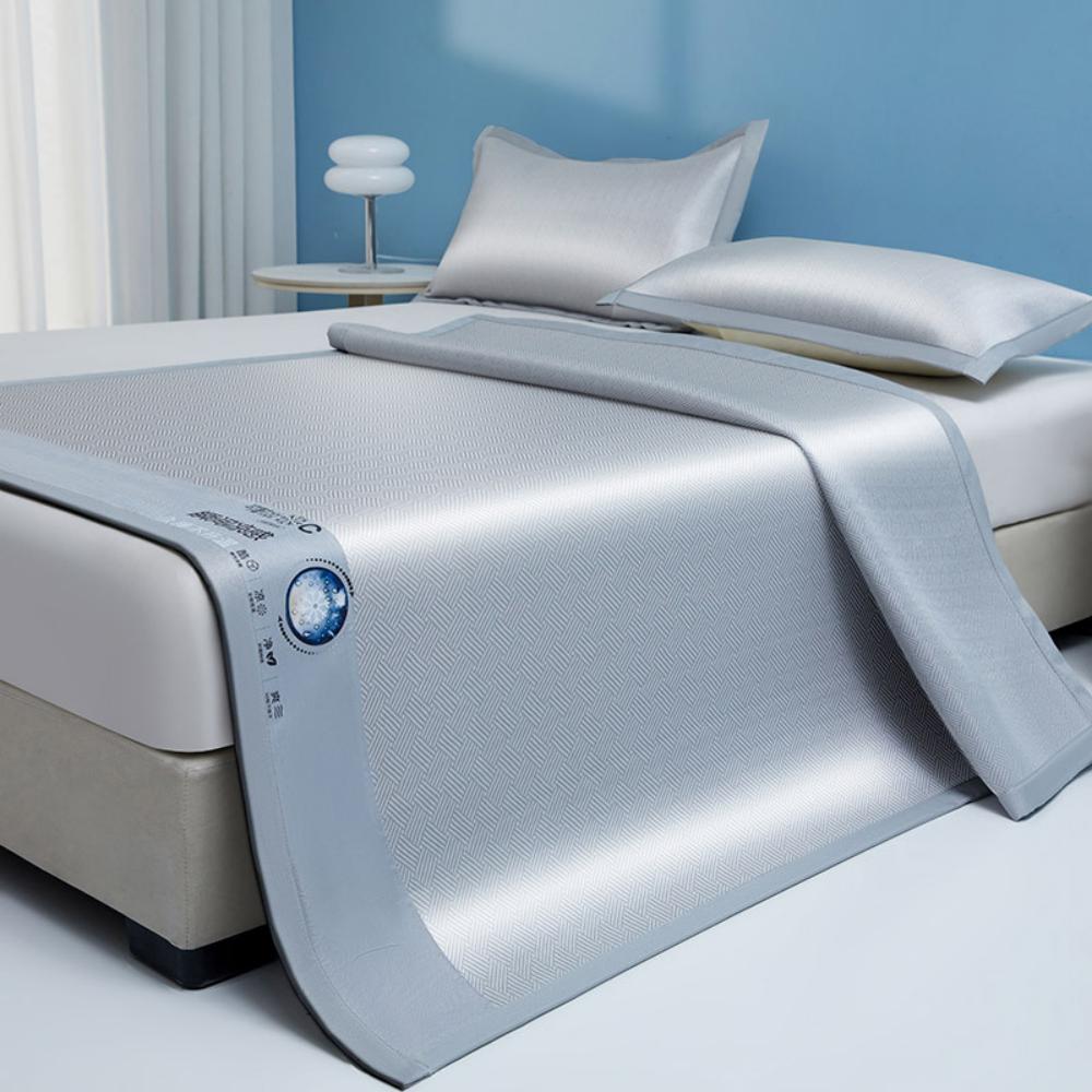 Foldable Washable Summer Ice Silk Cooling Mat Non-Slip Breathable Bed Pad with Pillowcases for Home Dormitory Daily Sleeping
