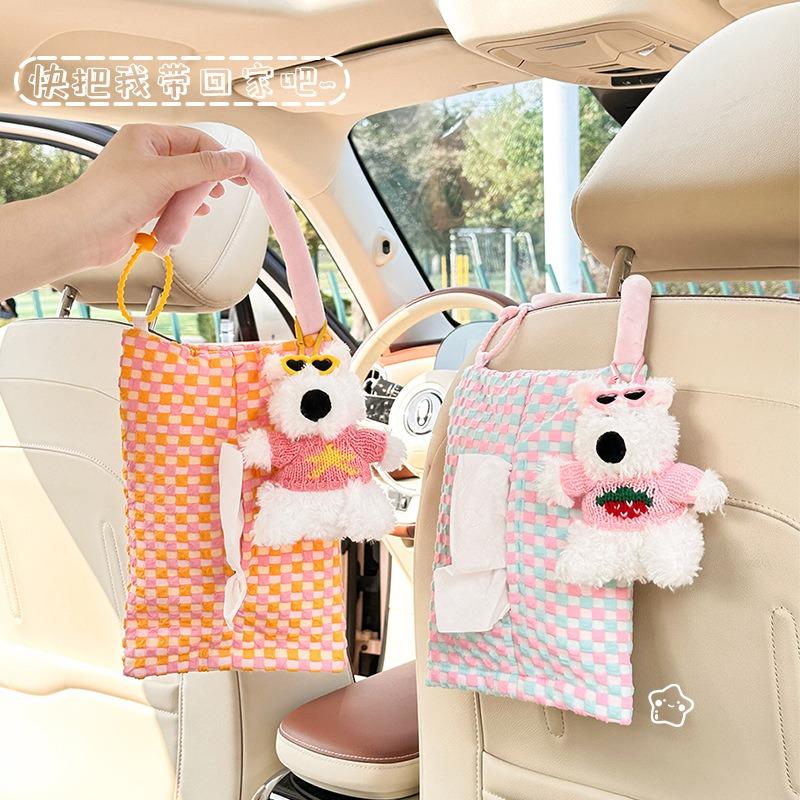 Cute Cartoon Checkerboard Backseat Hanging Car Tissue Box Creative Auto Decoration