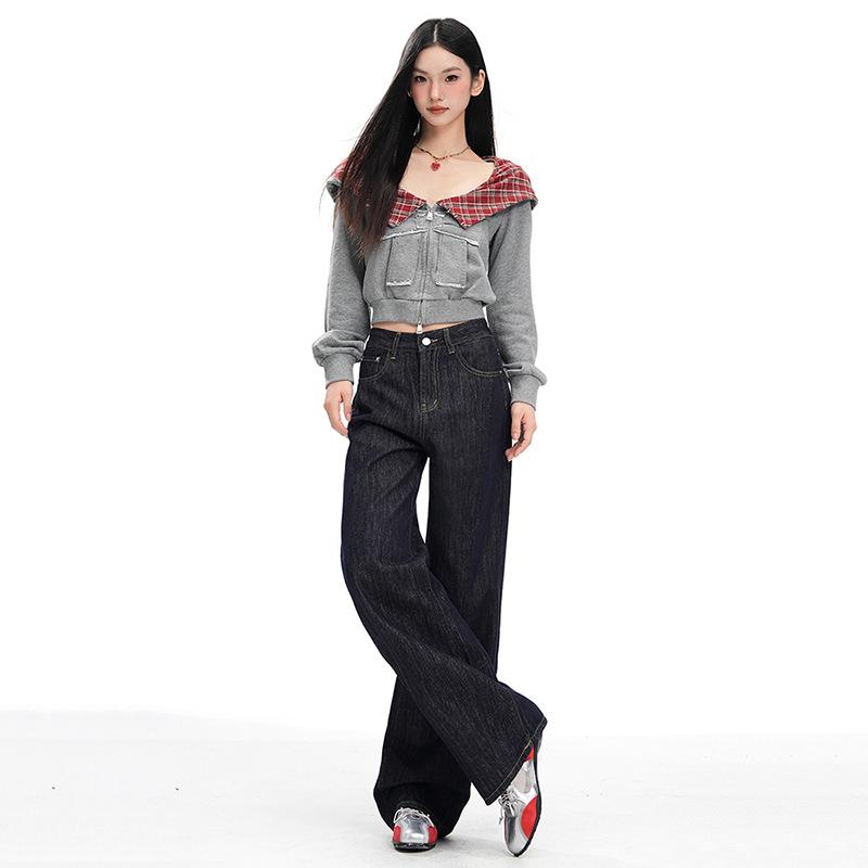 Women s New Arrival: American Style Dark Blue Non-Fading Loose Straight-Leg Wide-Leg Jeans - Autumn Spicy Girl Design. Extra Large