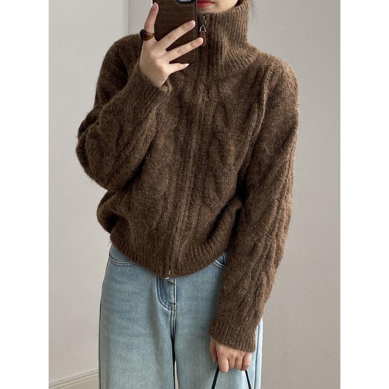 High Neck Zipper Sweater Cardigan Women'S Autumn And Winter New Loose Soft Waxy Fried Dough Twists Knitting Coat