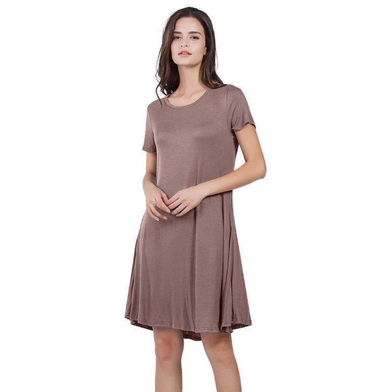 European And American New Round Neck Solid Color Casual Pocket Short Sleeve Big Pendulum Dress Women'S Clothing