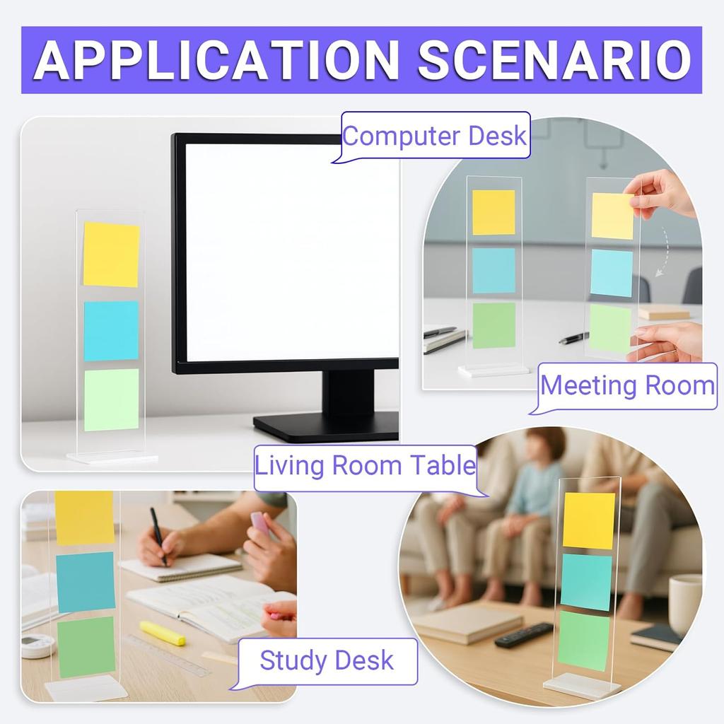 Removable Sticky Note Holder, Acrylic Desktop Memo Message Board, Transparent Portable Monitor Memo Stand for Any Computer and Laptop