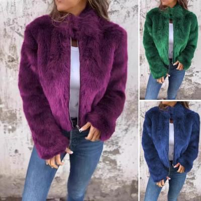 Winter Women Jacket Faux Fox Fur High Collar Cozy Jacket Zipper Closure Solid Color Cold Weather Celebrity Outdoor Outerwear