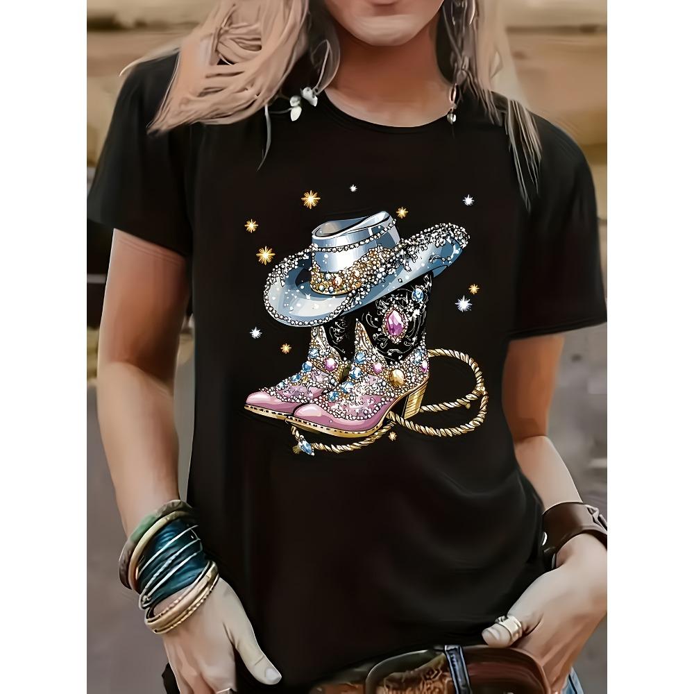 I Got My Boots on The Ground Cartoon Woman Design Ladies Summer White Crew Neck Breathable Short Sleeve Aesthetic Clothes M