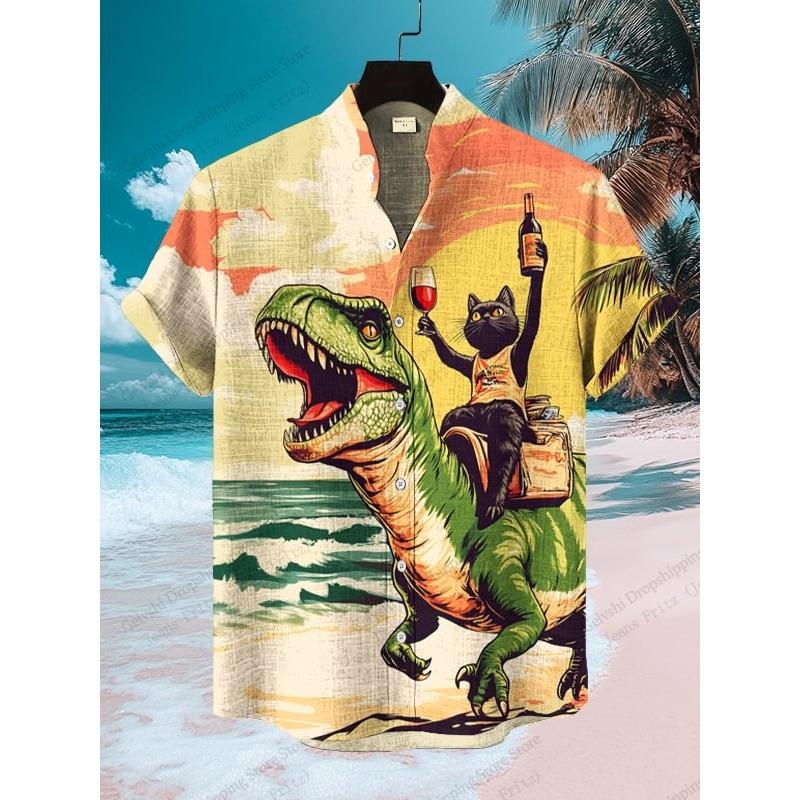 Modisches Herren Sommer Hawaiianhemd Vintage Kalligraphie Katze Dinosaurier 3D Druckhemd Kurzarm Lässige Strandhemden