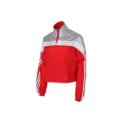 

adidas Полосатая куртка-пуловер с воротником-стойкой, ретро-спортивной нашивкой, унисекс, красно-серая XL серый/красный