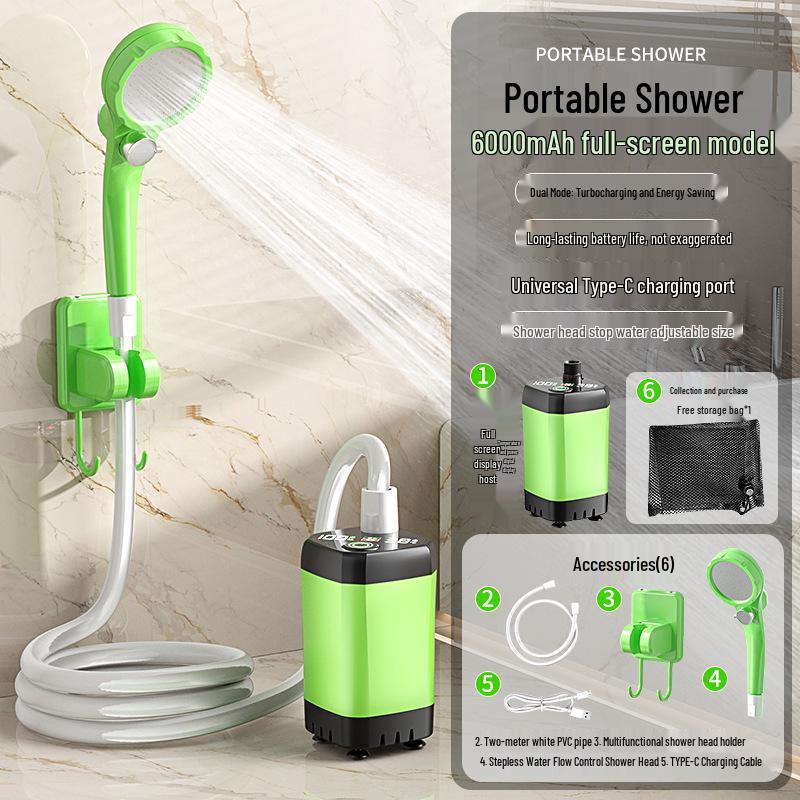 Electric Camping Shower Set with Rechargeable Pump and Water Bag.