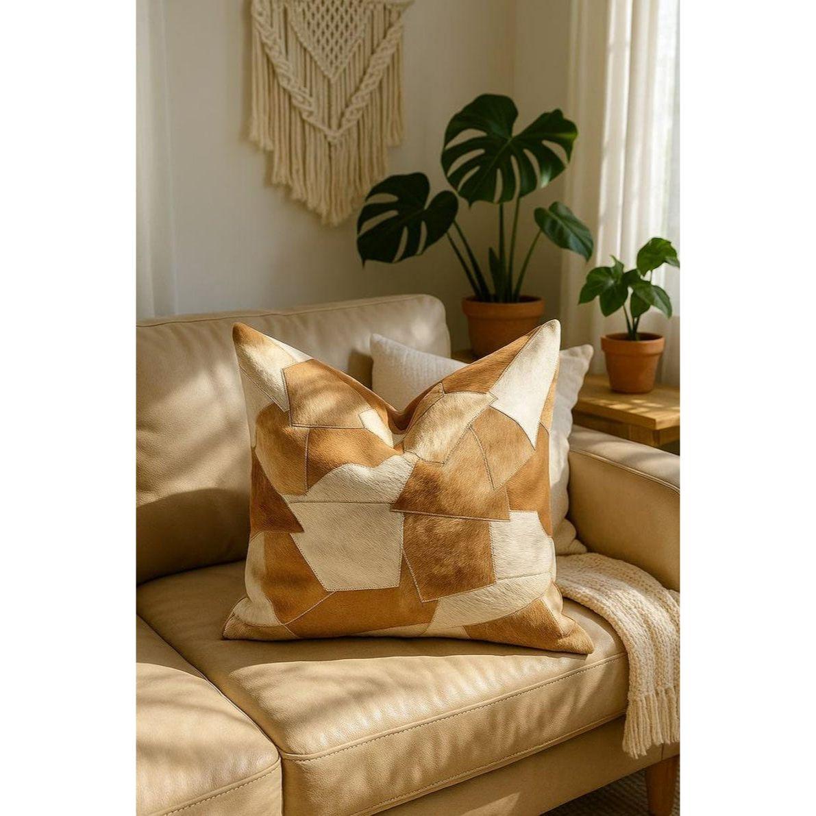 

Patchwork Cowhide Leather Pillow Cover: Rustic Tan Cream Accent Gift For Her Him Birthday Anniversary 14 x 14 in