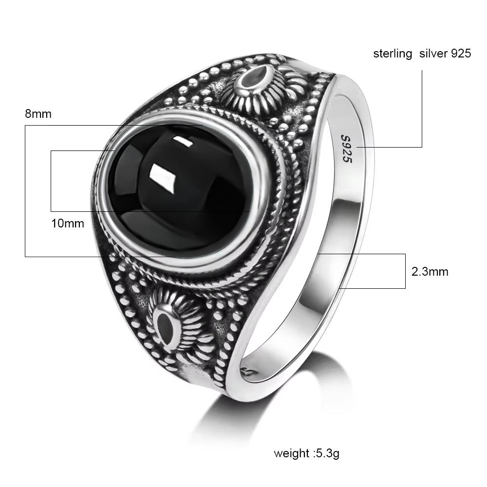 Vintage 925 Sterling Silver Black Onyx Ring Oval Shape Natural Stone Certified Fine Jewerly Retro Silver Rings for Women Men