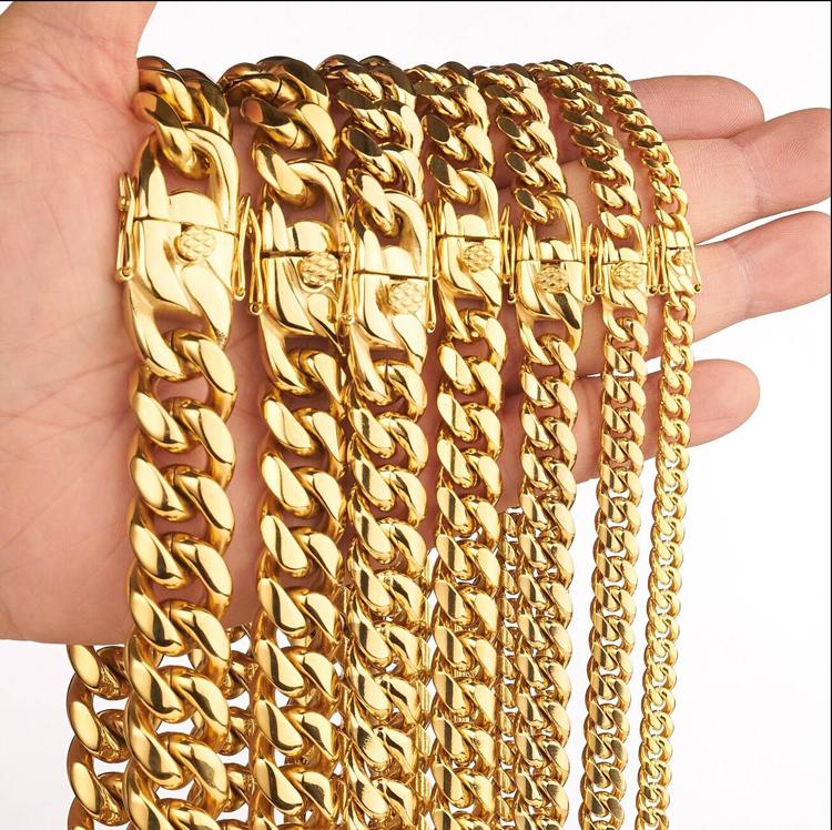 12MM 18k Gold Plated Lobster Buckle Stainless Steel Necklace Hip Hop Jewelry Men Miami Cuban Link Chain