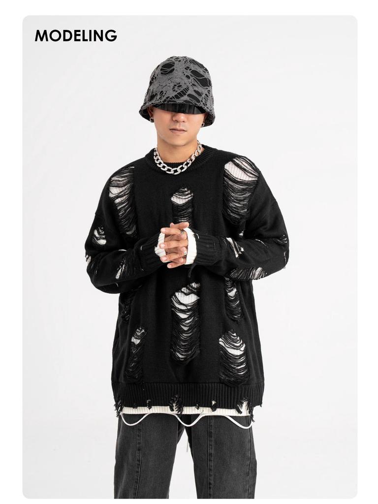 TIDE CARD LOG Nadměrný roztrhaný streetwearový svetr ve stylu dvoudílného kompletu pro muže a ženy