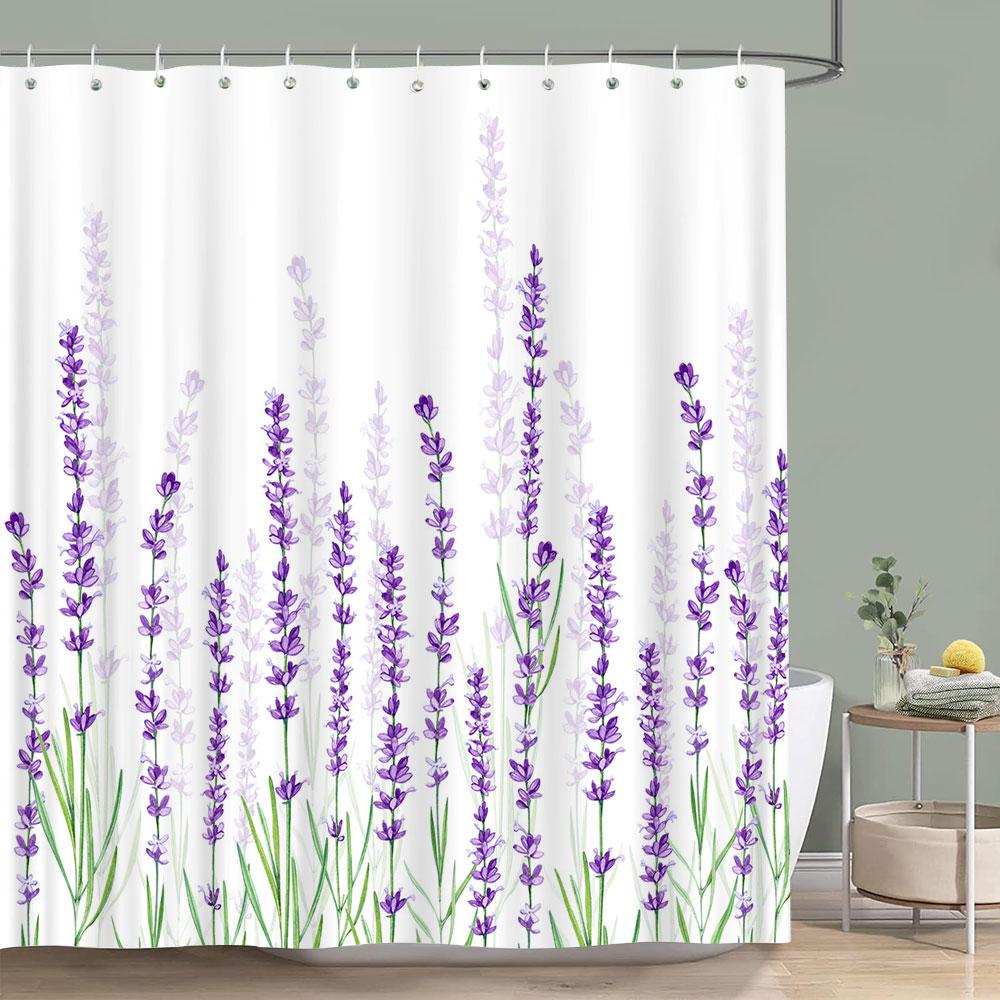 Purple Vineman Botanical Watercolour Shower Curtain Lavender Butterfly Floral Polyester Shower Curtain Bathroom Decor with Hooks 90x180cm