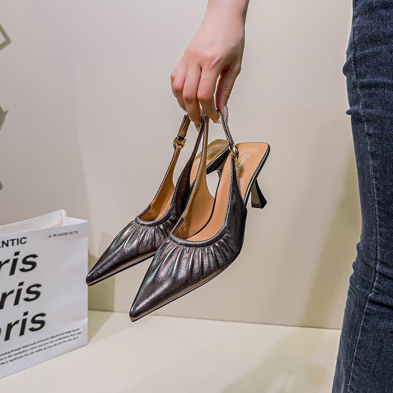

Baotou sandals women s summer 2025 new French pleated shallow mouth empty single shoes soft leather pointed high heels stiletto 40