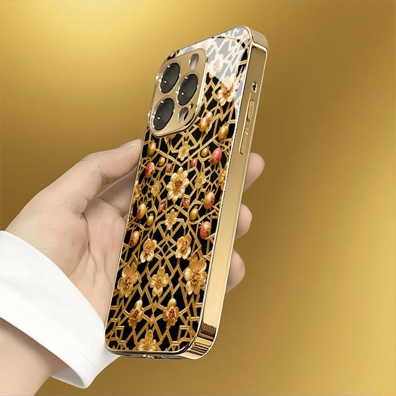 Premium gegalvaniseerde glazen telefoonhoes voor iPhone 17  16  15  14  13  12  11pm Pro Plus. Goudkleurig gestreept bloemenpatroon.