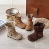 Kids Girls Retro French Style Suede Slouchy Mid Calf Slip On Boots