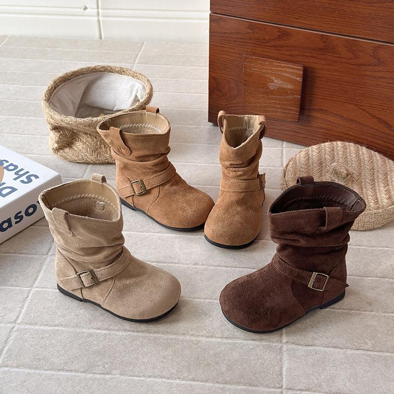 Kids Girls Retro French Style Suede Slouchy Mid Calf Slip On Boots