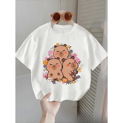 Fashionable Children's Round Neck Pure Cotton T-shirt "CAPYBARA Capybara Milk Tea" Print, Breathable Short-sleeved for Girls.