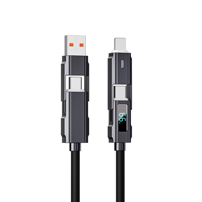 Universal Liquid Silicone 4-in-1 Fast Charging Cable with Digital Display for Phones, Tablets, and Laptops