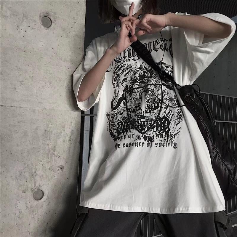 Harajuku Retro Style Hip Hop Street Trend Letter Print Top Men's and Women's Summer Crew-neck Loose Short-sleeved T-shirt