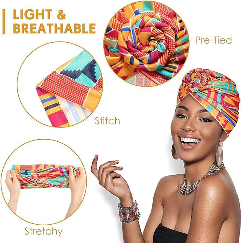 New African Print Pleated Turban Floral Beanie Knot Flower India Head Wrap Elegant Women Chemo Cap Bandana Headwear Head Cover