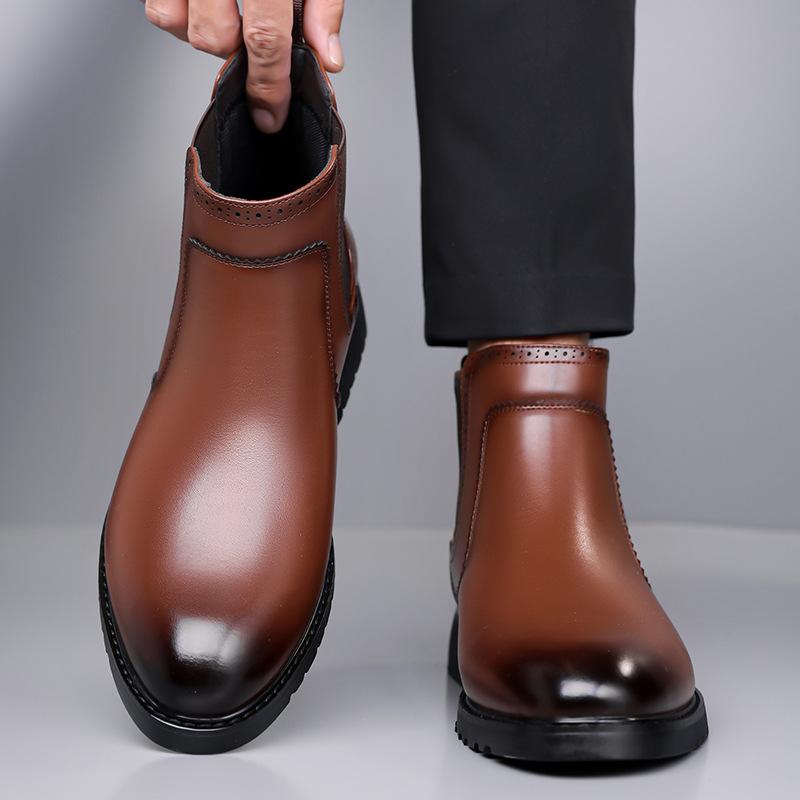 Business Formal Cotton Leather Shoes for Man Autumn Winter Fleece Thickened Warm and Anti-slip High-top Men's Ankle Boots Shoes