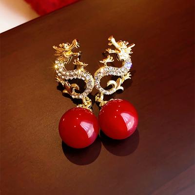 Rhinestone New Chinese Dragon Earrings for Women Temperament Pearl Drop Earring 2024 New Year Festive New Year Dragon Zircon
