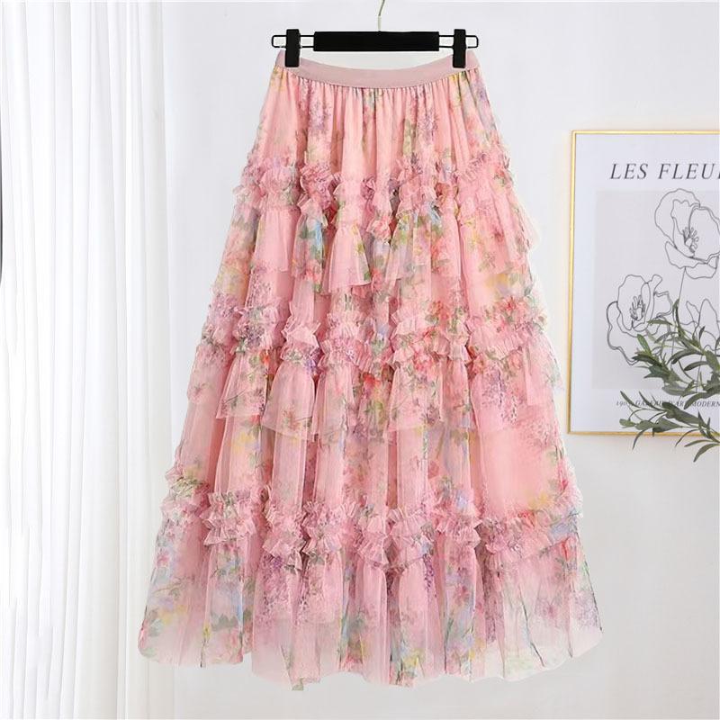 Women's Irregular Floral Half Skirt Spring and Autumn New French Style Long Skirt A-line Skirt
