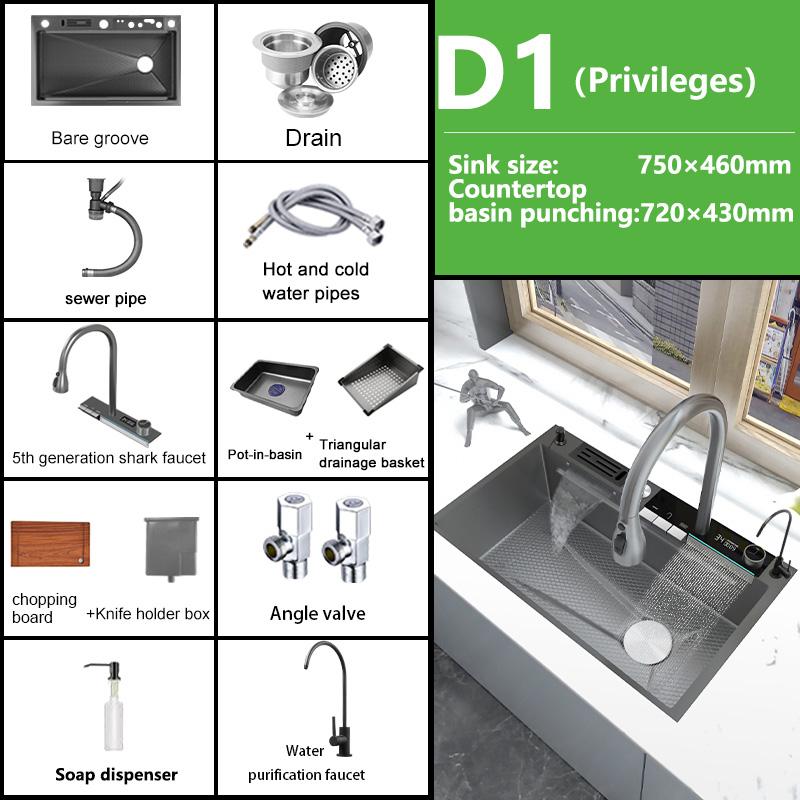 Edelstahl-Wasserfall-Küchenspüle, großes Einzelfach, integriertes Digitaldisplay, Wasserhahn-Set, multifunktionales Waschbecken