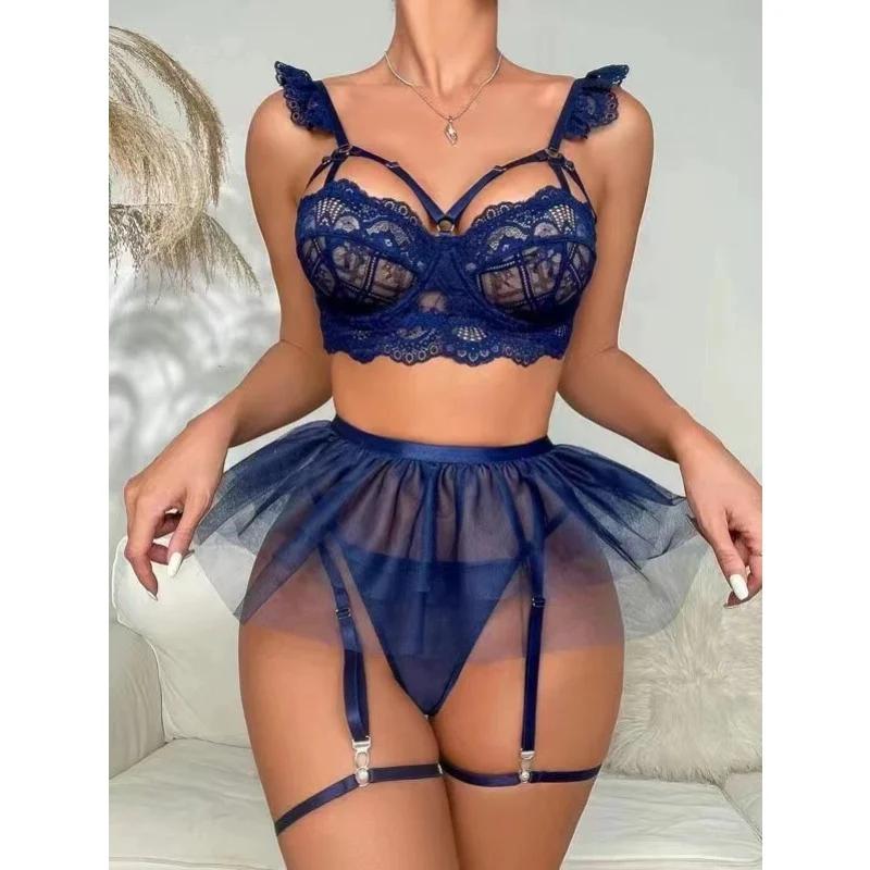 Lingerie For Women Mesh Skirts Bra G-String Garter Belt Porno Suit Ultrathin Bra & Briefs Sets Perspective Sensual Underwear