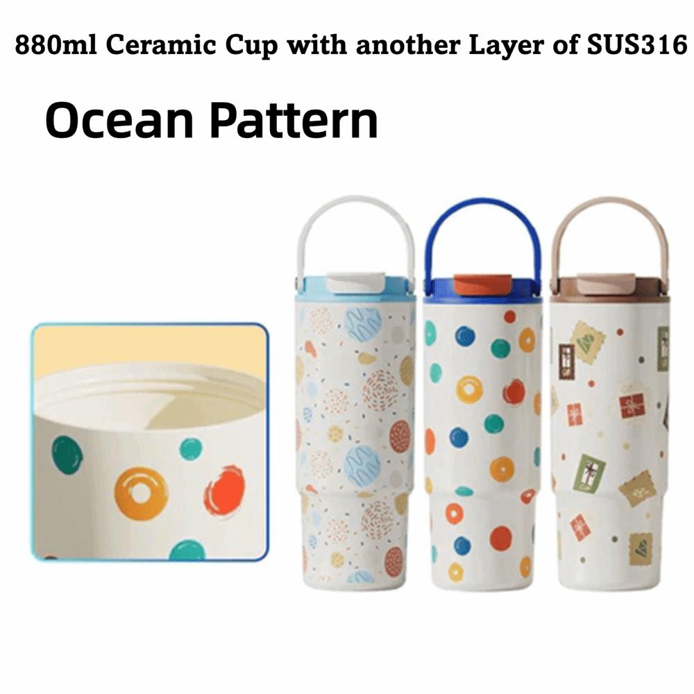 New 880ml Thermal Cup Ocean Pattern Large Capacity Vacuum Cup with Handle Ceramic Liner Insulated Cup Travel