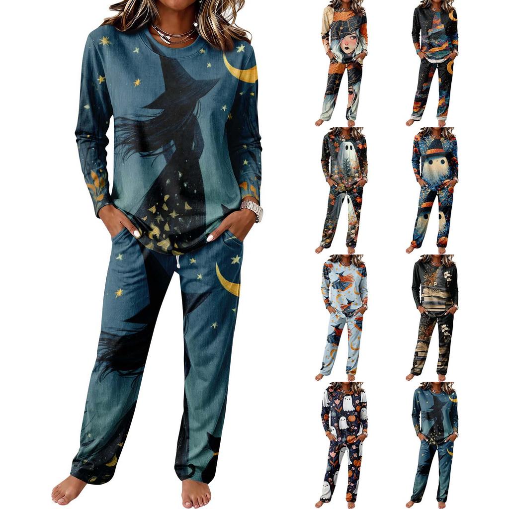 Set Pigiama Casual da Donna con Manica Lunga, Girocollo e Coulisse sui Pantaloni a Gamba Larga per Dormire e