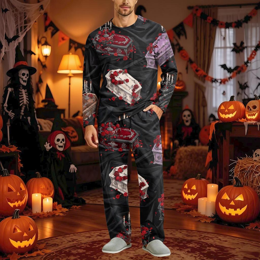 Men's Halloween Pajama Set Long Sleeve with Buttoned Crotch and Elastic Drawstring Waist Sleepwear