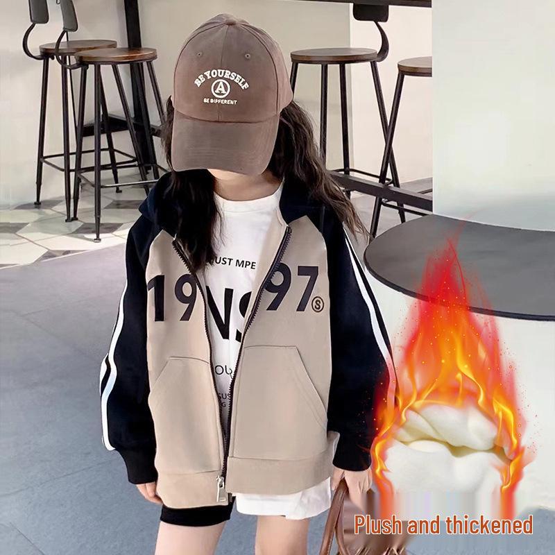 Girls' 2025 Autumn/Winter Hooded Sweater - Velvet Lined Top for Kids, Ideal for Spring and Fall.