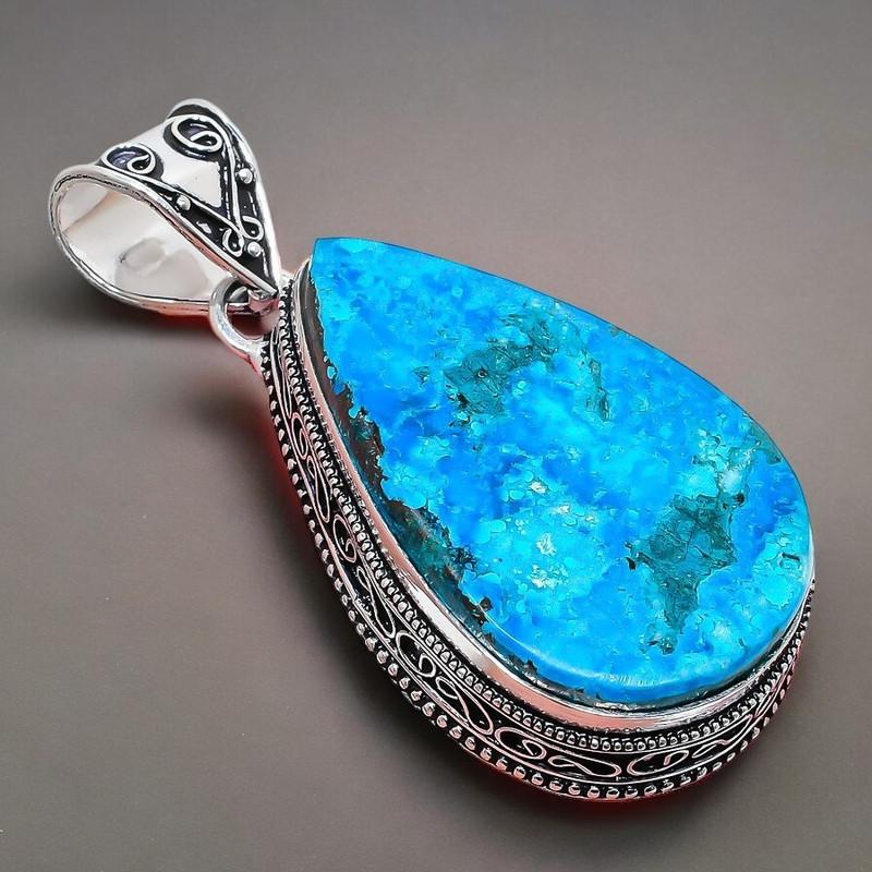 Tibetischer Türkis Edelstein Handgefertigt 925 Sterlingsilber Schmuck Anhänger 2.17" AH-862